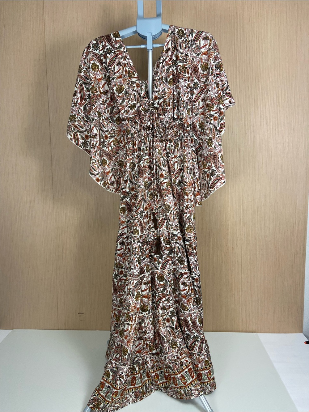 Smocked Paisley Maxi Dress in Brown & Cream